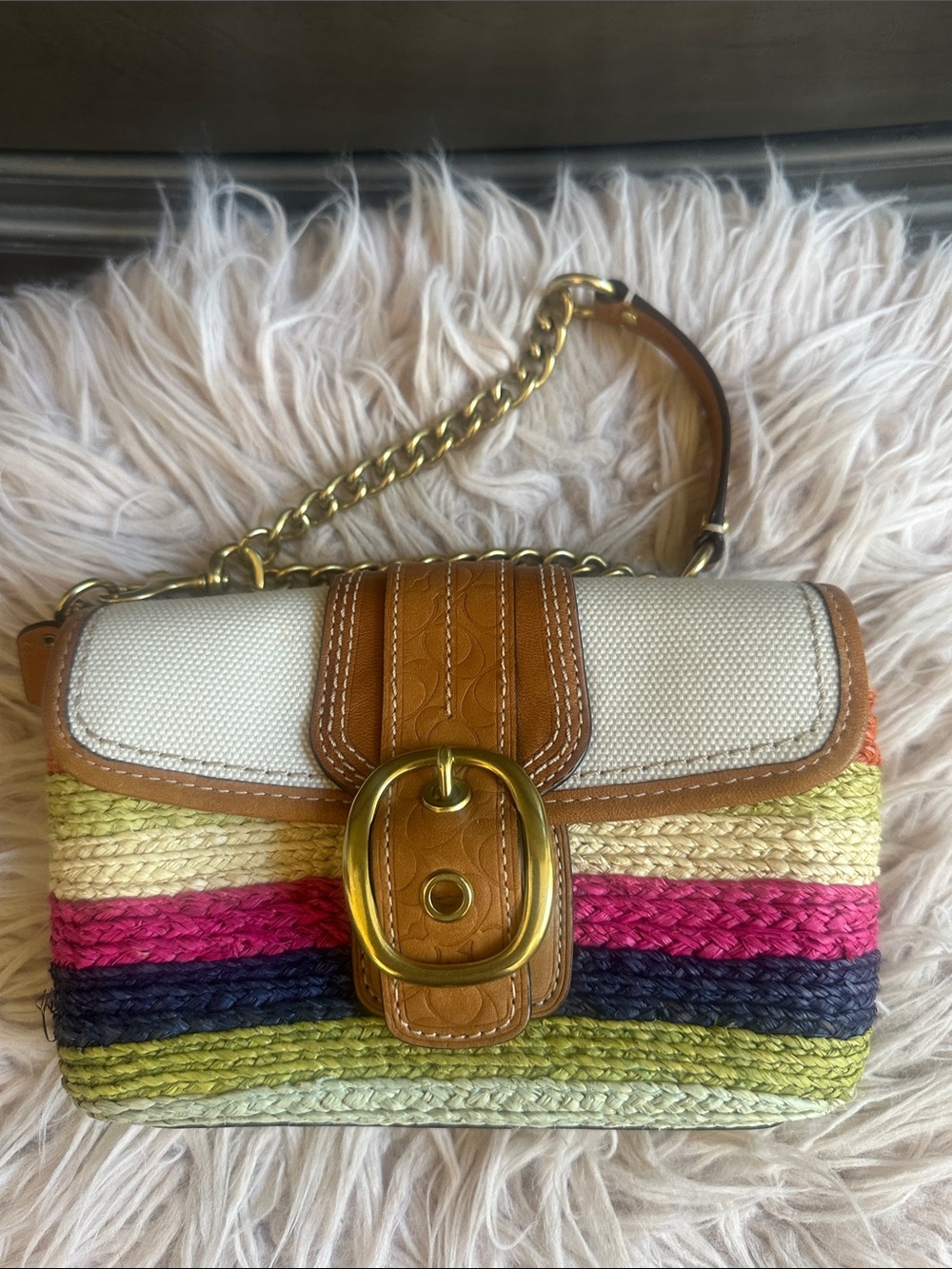 Coach wristlet/wallet Multicolor Woven Straw with Tan Leather and Gold Hardware